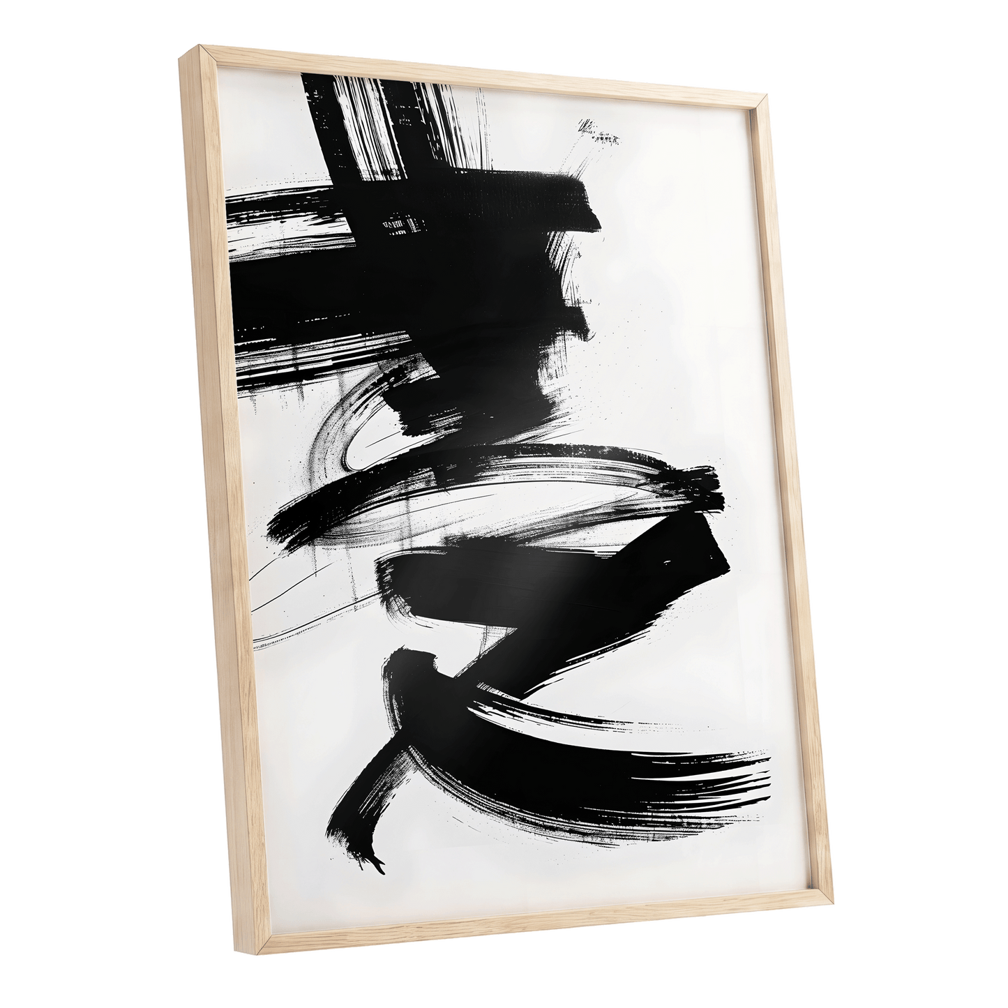 Midnight Gestures, black, white abstract wall art shown as a oak framed poster wall art print