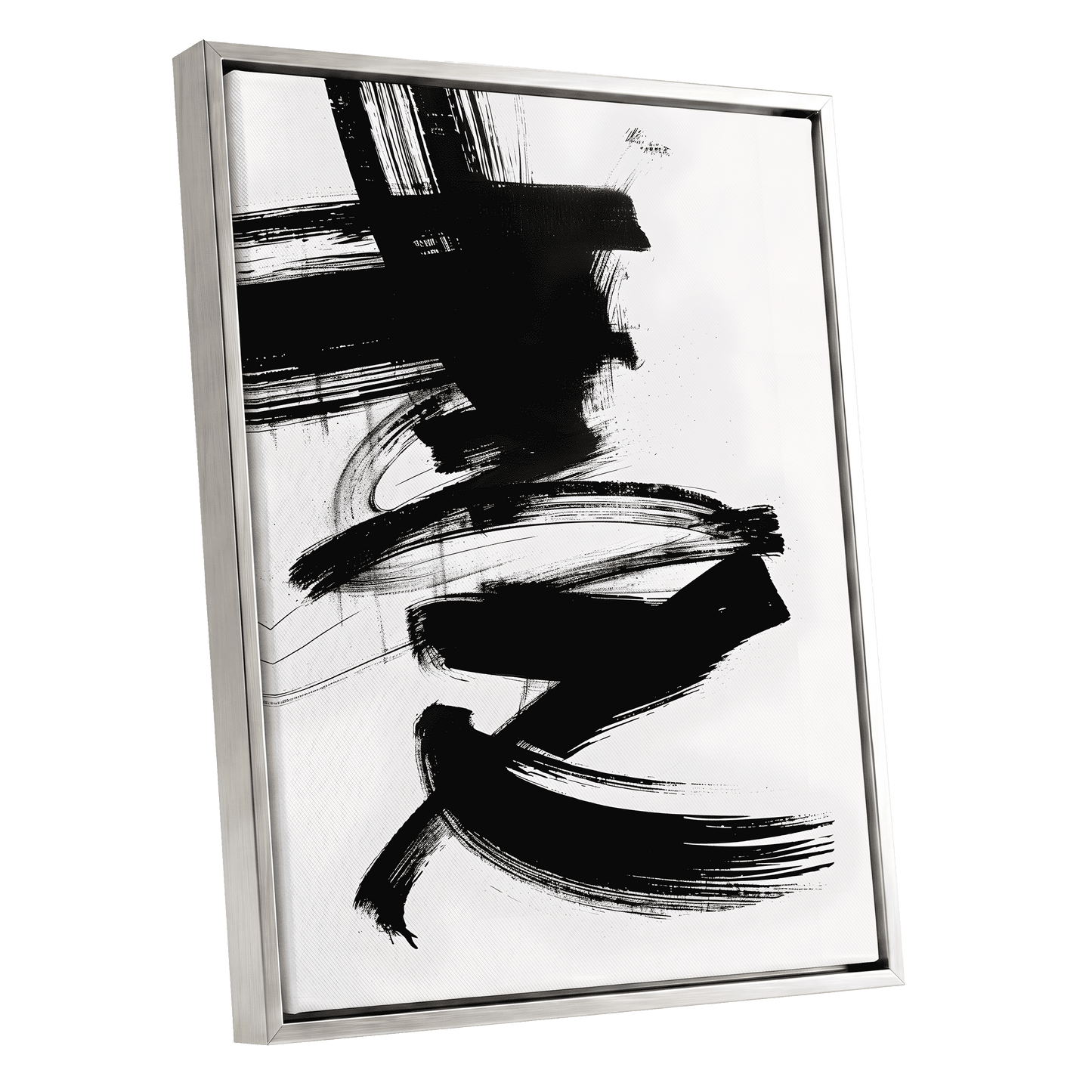 Midnight Gestures, black, white abstract wall art shown as a silver framed canvas wall art