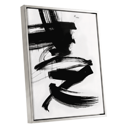Midnight Gestures, black, white abstract wall art shown as a silver framed canvas wall art