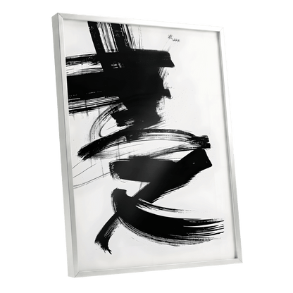 Midnight Gestures, black, white abstract wall art shown as a silver framed poster wall art print