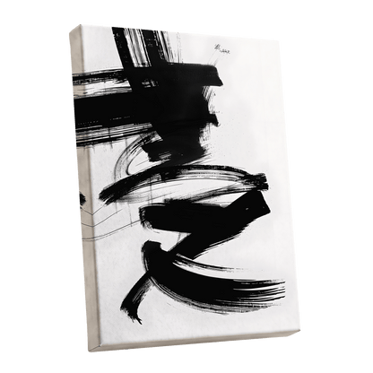 Midnight Gestures, black, white abstract wall art shown as a stretched canvas wall art