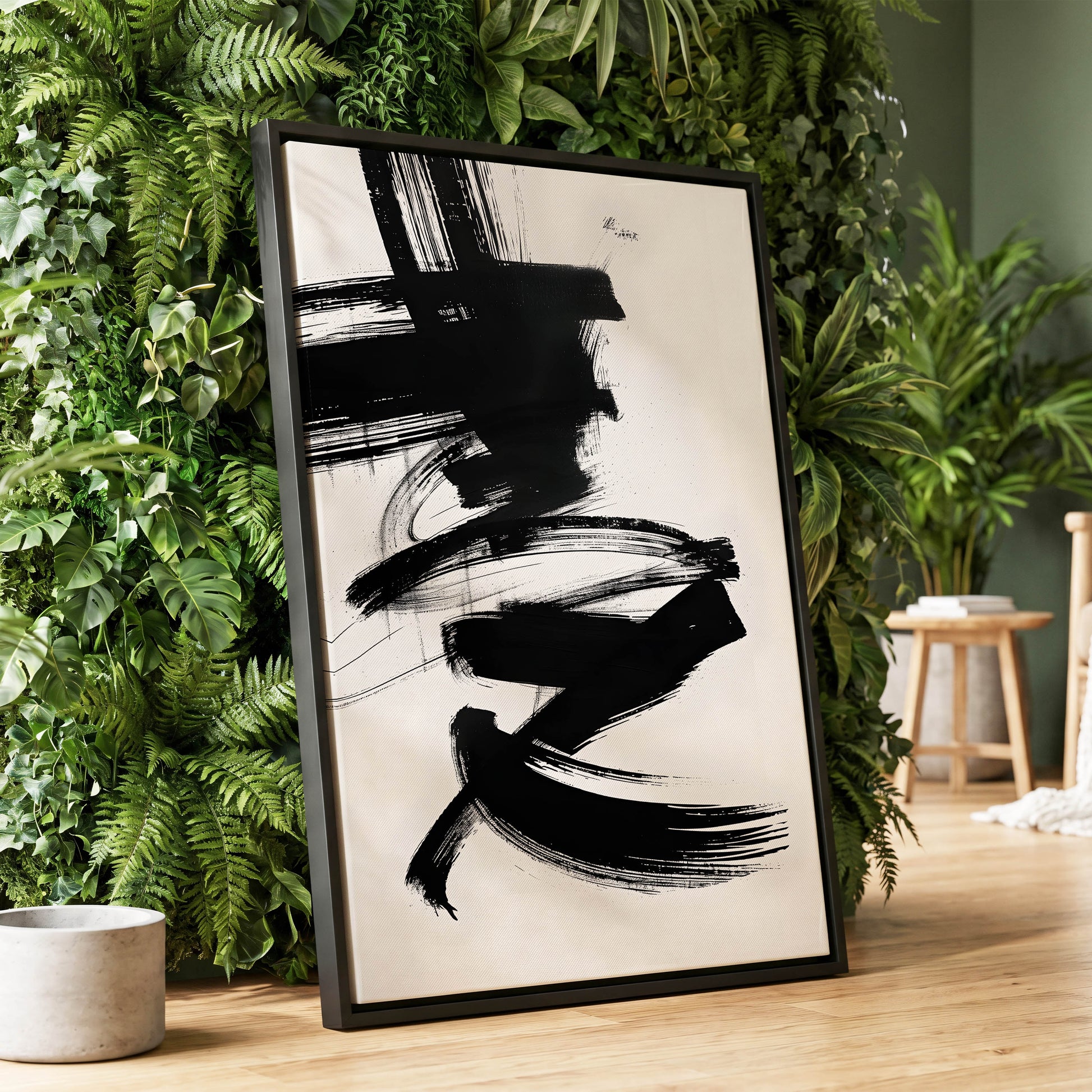 Midnight Gestures, black, white abstract wall art displayed in a styled interior, gallery view 1