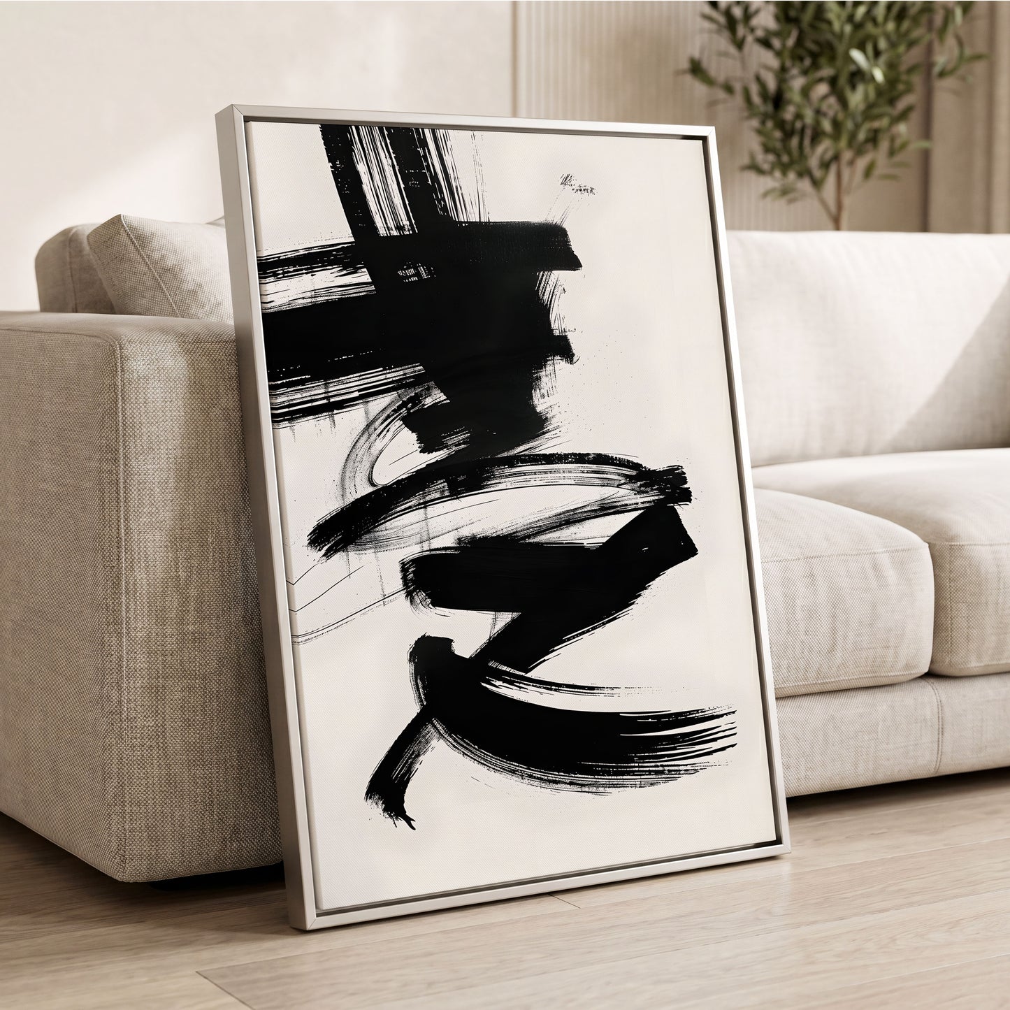 Midnight Gestures, black, white abstract wall art displayed in a styled interior, gallery view 2