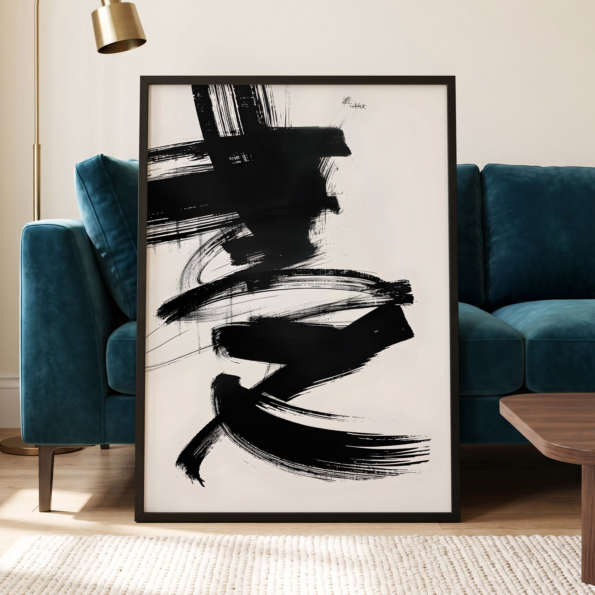 Midnight Gestures, black, white abstract wall art displayed in a styled interior, gallery view 6