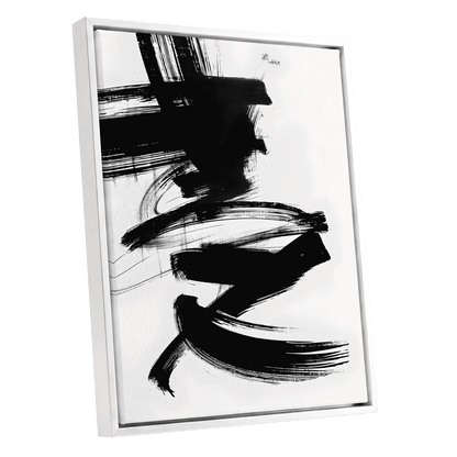 Midnight Gestures, black, white abstract wall art shown as a white framed canvas wall art