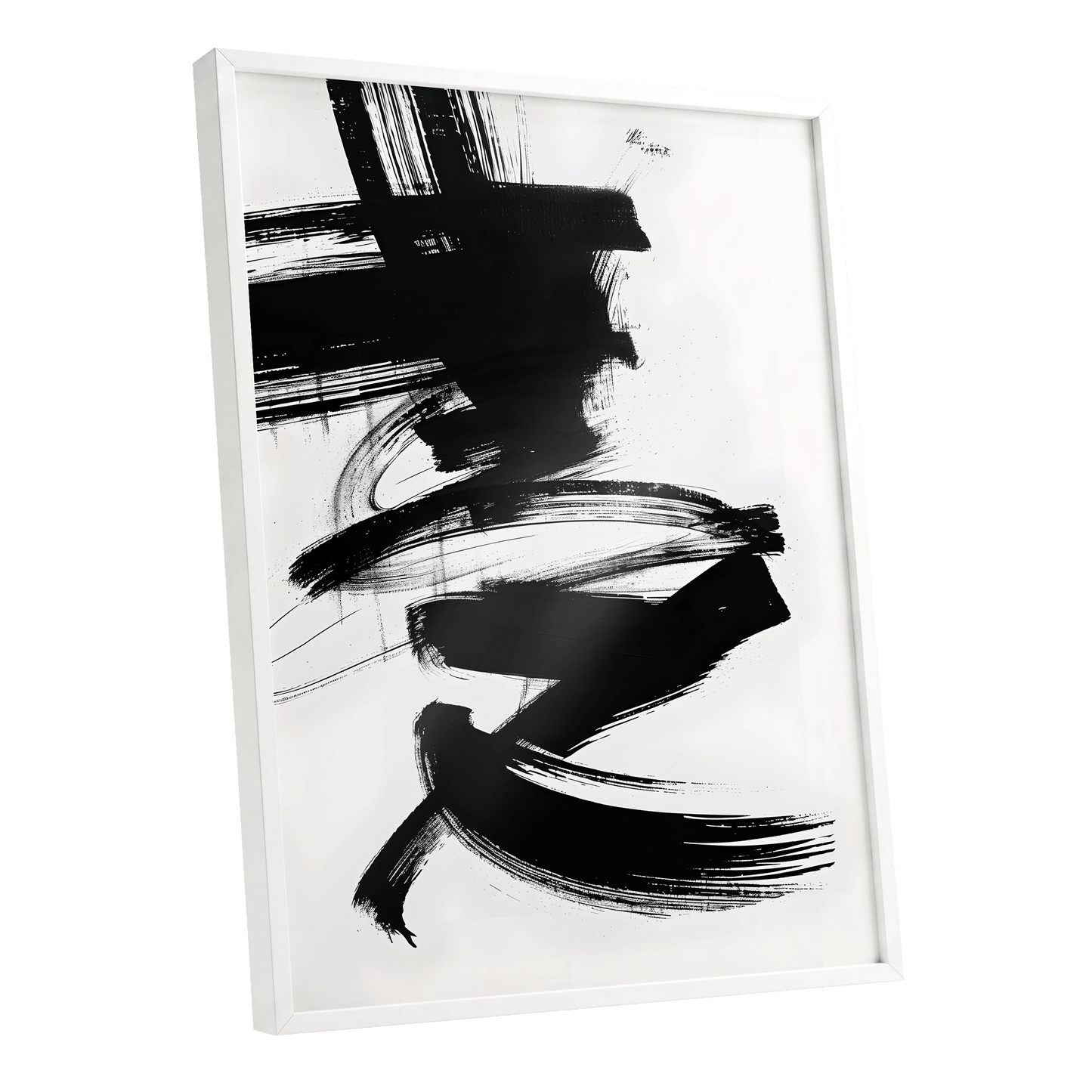 Midnight Gestures, black, white abstract wall art shown as a white framed poster wall art print