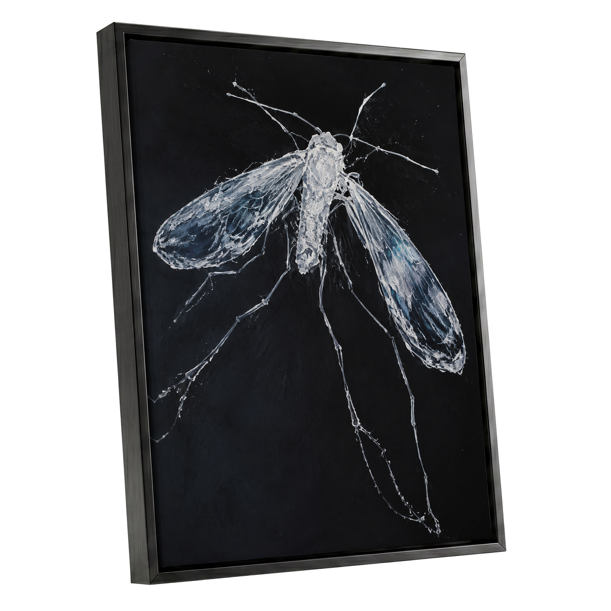 Midnight Gossamer, black, white, gray nature wall art shown as a black framed canvas wall art
