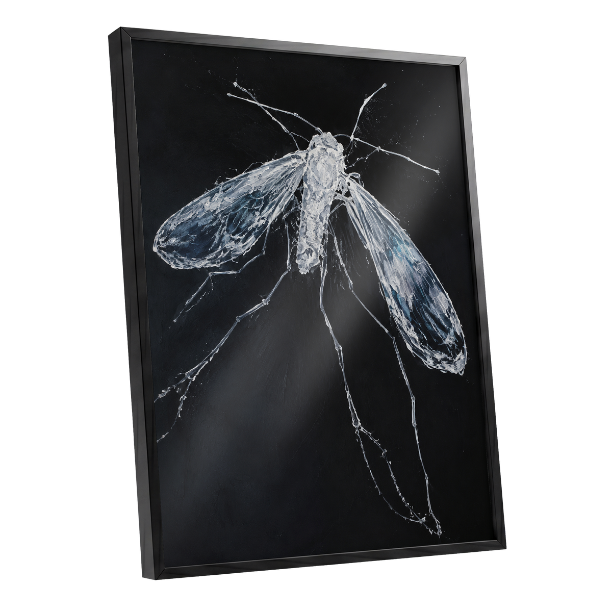 Midnight Gossamer, black, white, gray nature wall art shown as a black framed poster wall art print