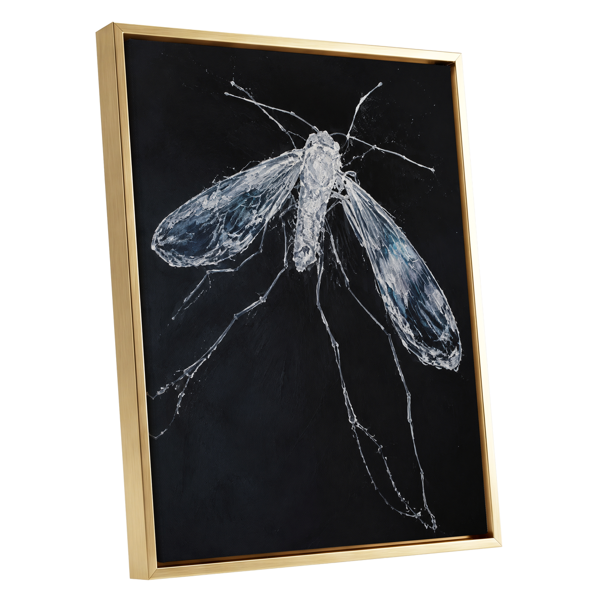 Midnight Gossamer, black, white, gray nature wall art shown as a gold framed canvas wall art