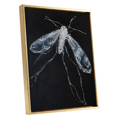 Midnight Gossamer, black, white, gray nature wall art shown as a gold framed canvas wall art