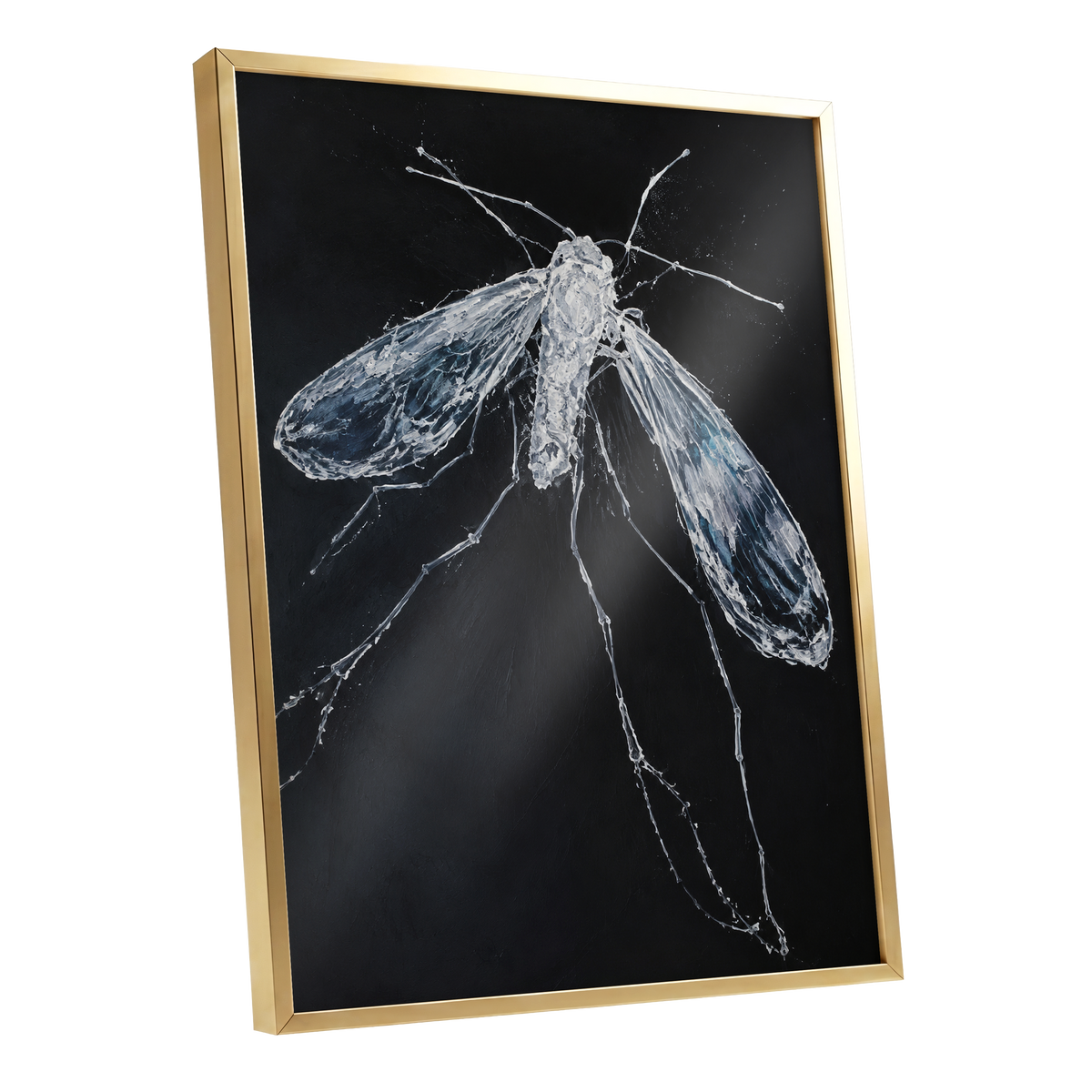Midnight Gossamer, black, white, gray nature wall art shown as a gold framed poster wall art print