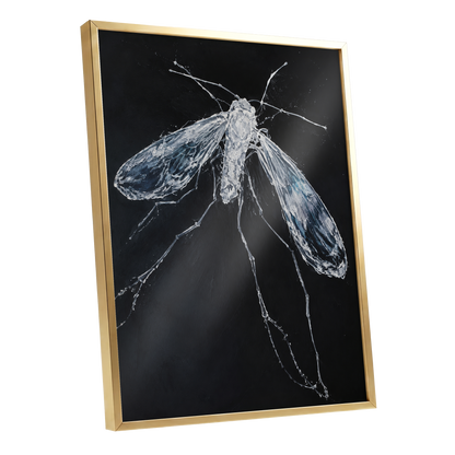 Midnight Gossamer, black, white, gray nature wall art shown as a gold framed poster wall art print