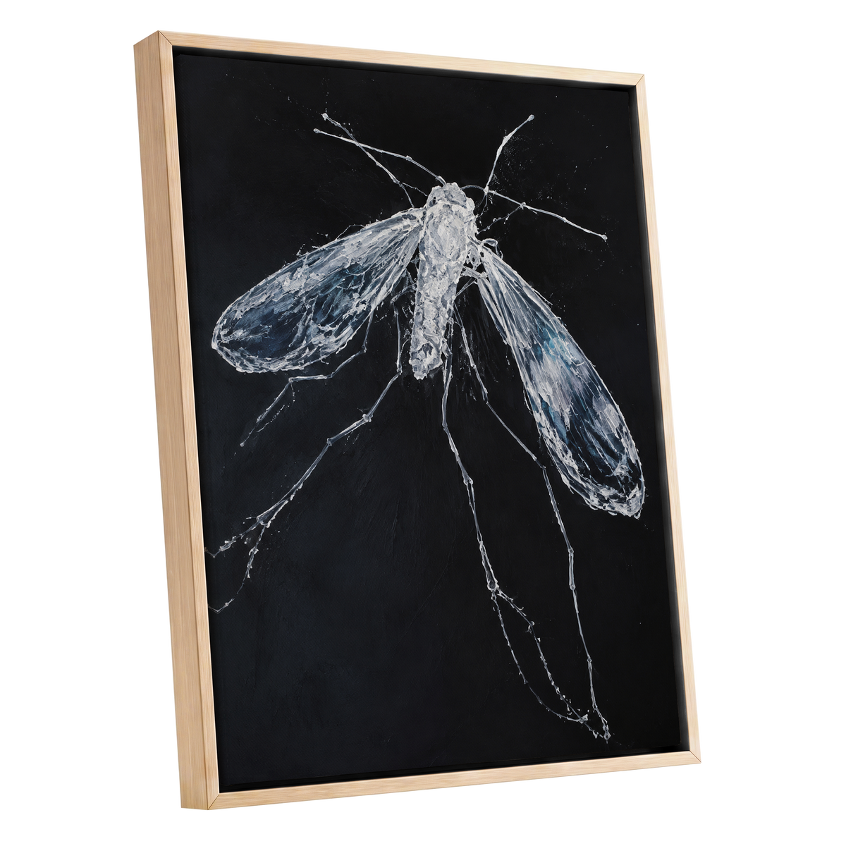 Midnight Gossamer, black, white, gray nature wall art shown as a oak framed canvas wall art
