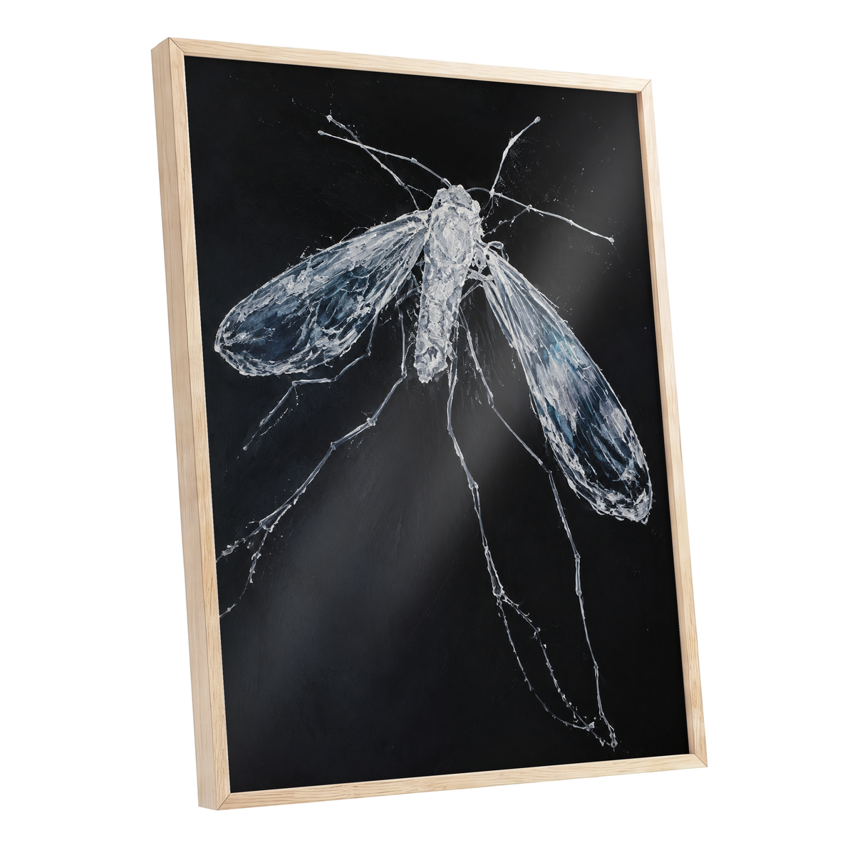 Midnight Gossamer, black, white, gray nature wall art shown as a oak framed poster wall art print