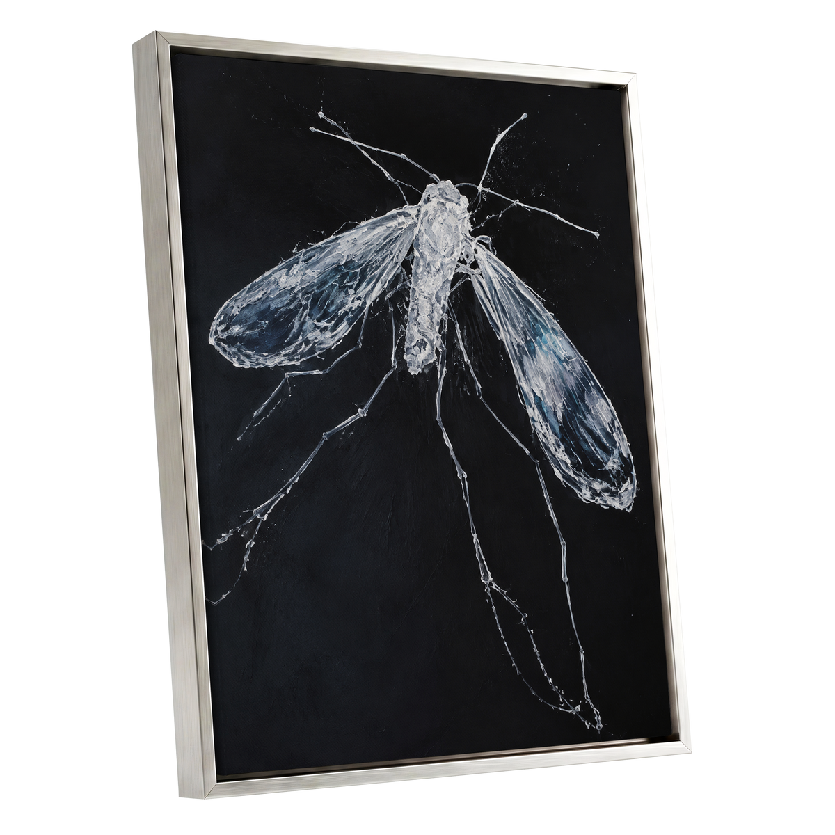 Midnight Gossamer, black, white, gray nature wall art shown as a silver framed canvas wall art