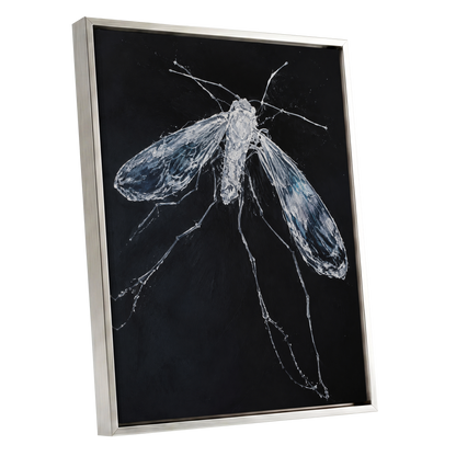 Midnight Gossamer, black, white, gray nature wall art shown as a silver framed canvas wall art