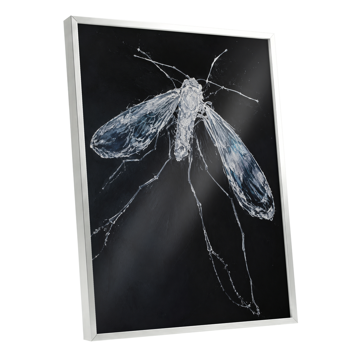 Midnight Gossamer, black, white, gray nature wall art shown as a silver framed poster wall art print