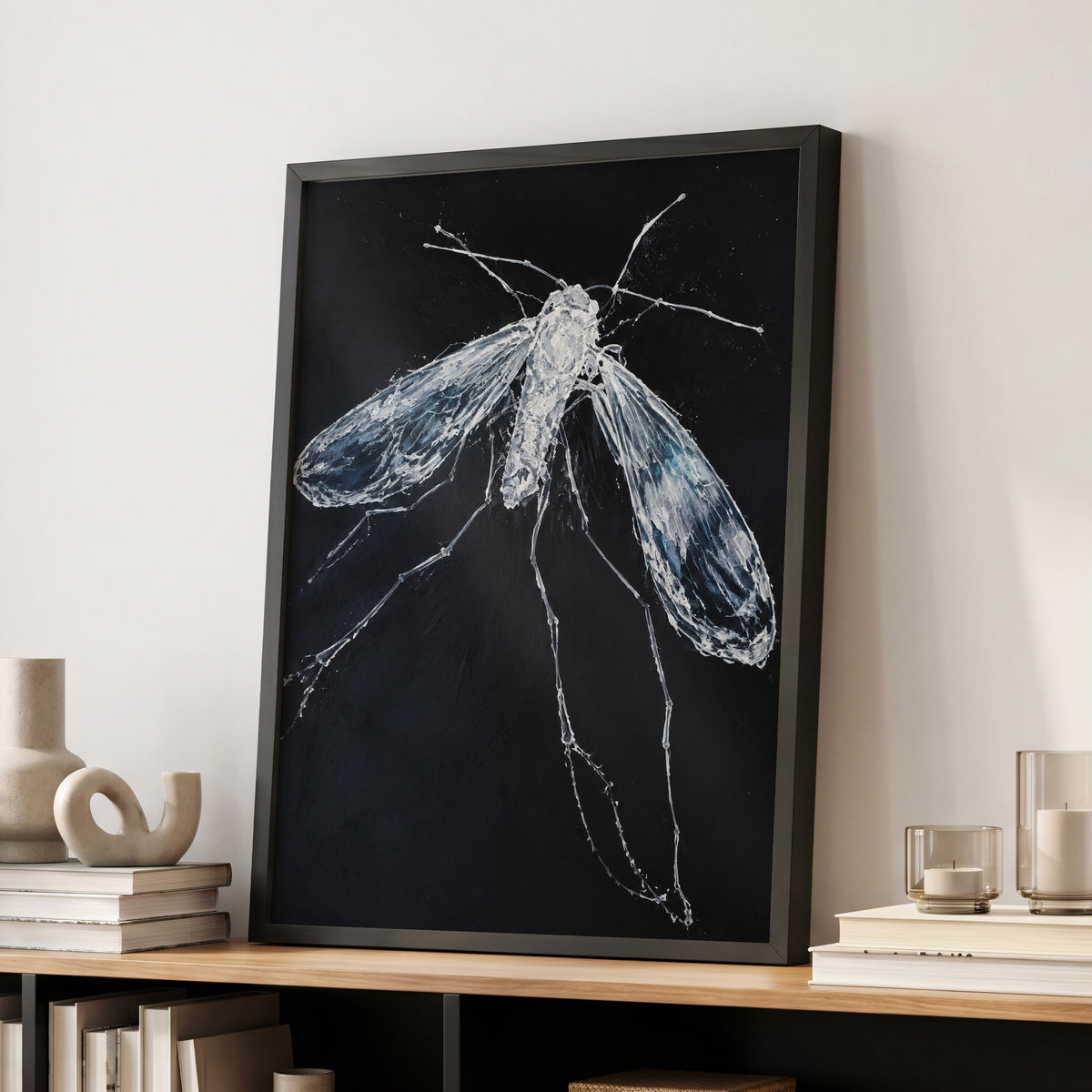 Midnight Gossamer, black, white, gray nature wall art displayed in a styled interior, gallery view 6