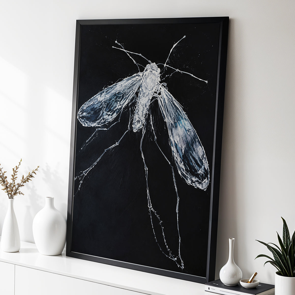 Midnight Gossamer, black, white, gray nature wall art displayed in a styled interior, gallery view 9