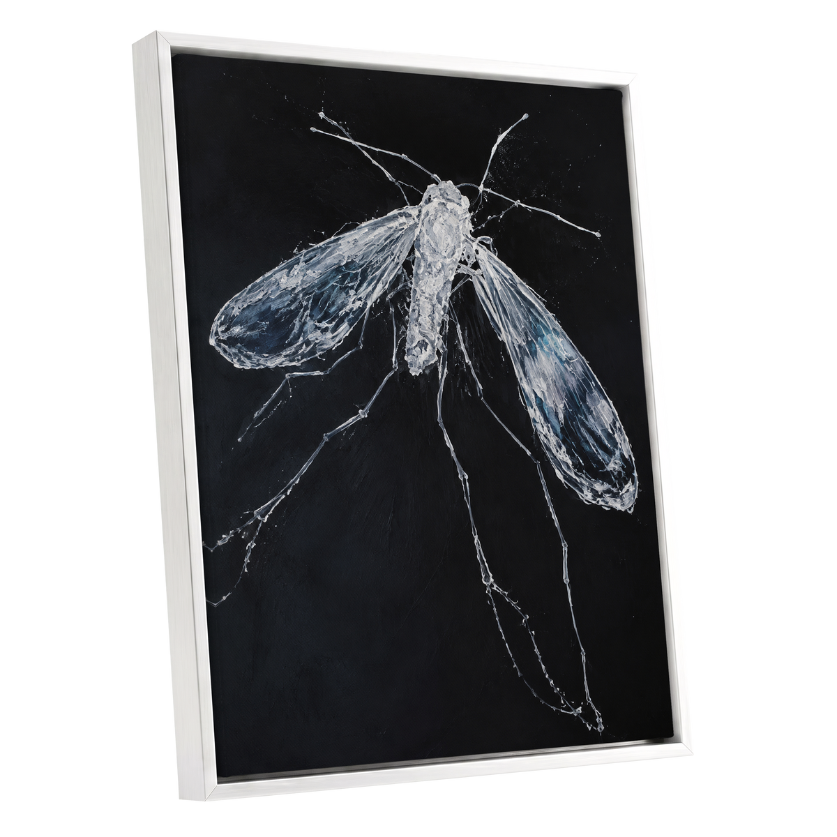 Midnight Gossamer, black, white, gray nature wall art shown as a white framed canvas wall art