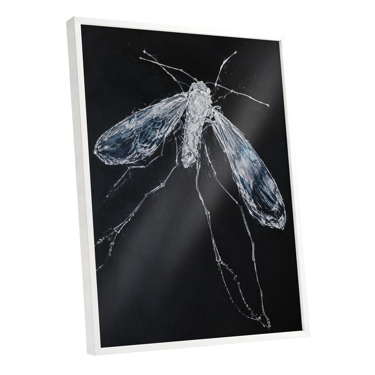 Midnight Gossamer, black, white, gray nature wall art shown as a white framed poster wall art print