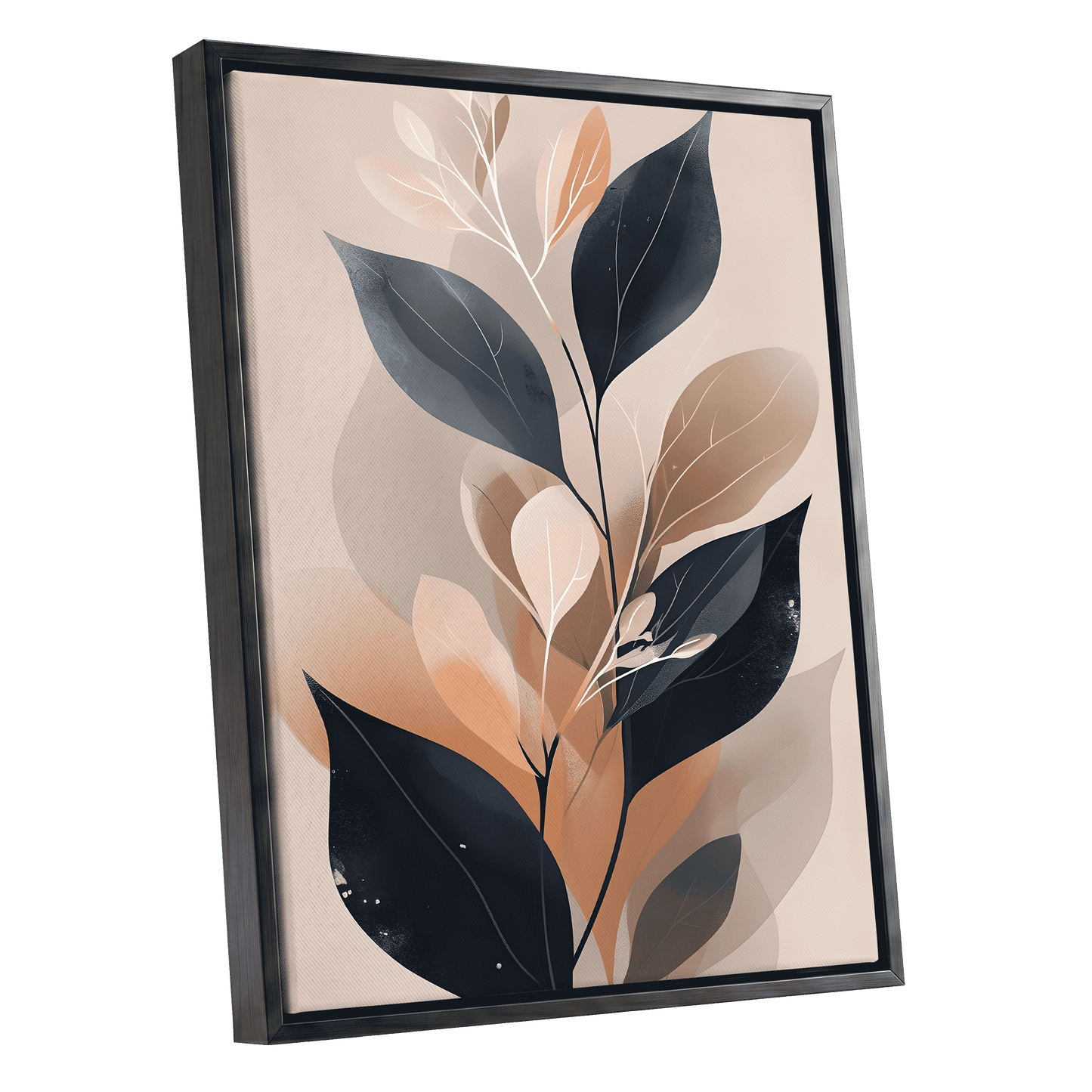 Midnight Leaf Reverie, black, beige, orange nature wall art shown as a black framed canvas wall art