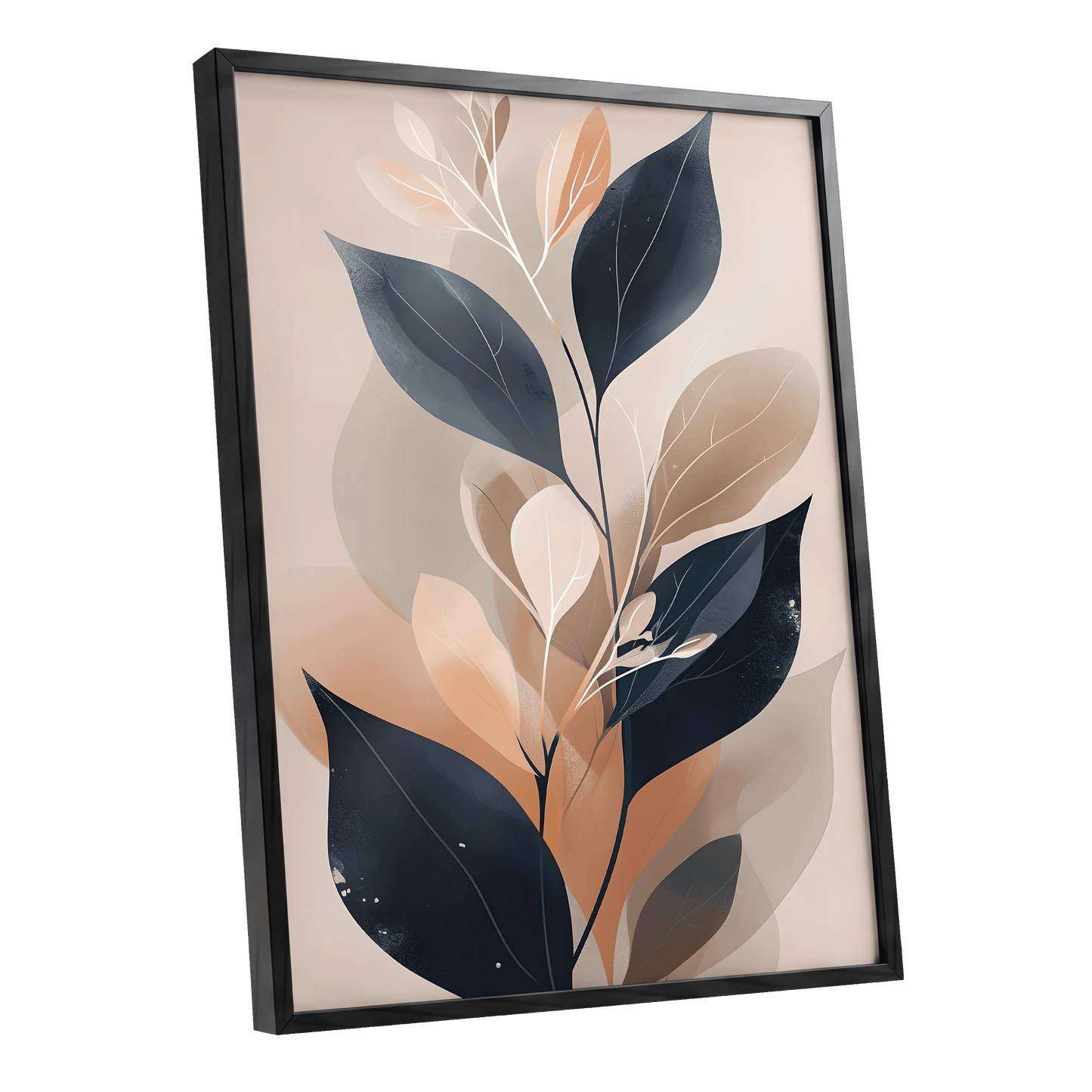 Midnight Leaf Reverie, black, beige, orange nature wall art shown as a black framed poster wall art print