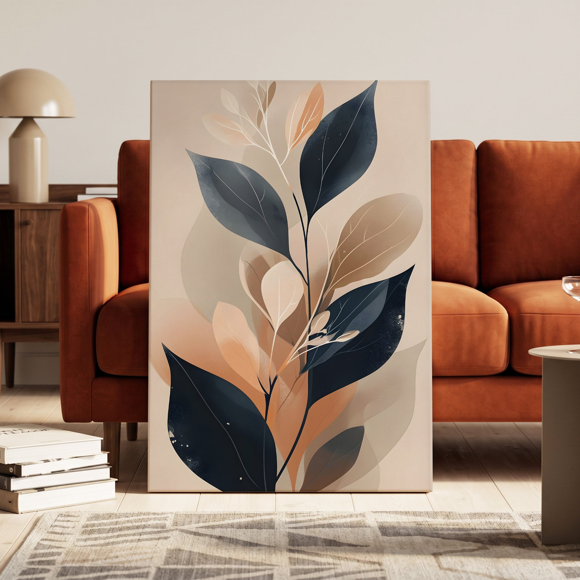Midnight Leaf Reverie, black, beige, orange nature wall art on canvas displayed in a styled interior, gallery view 1