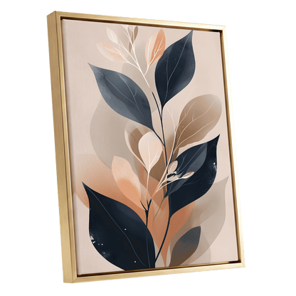 Midnight Leaf Reverie, black, beige, orange nature wall art shown as a gold framed canvas wall art