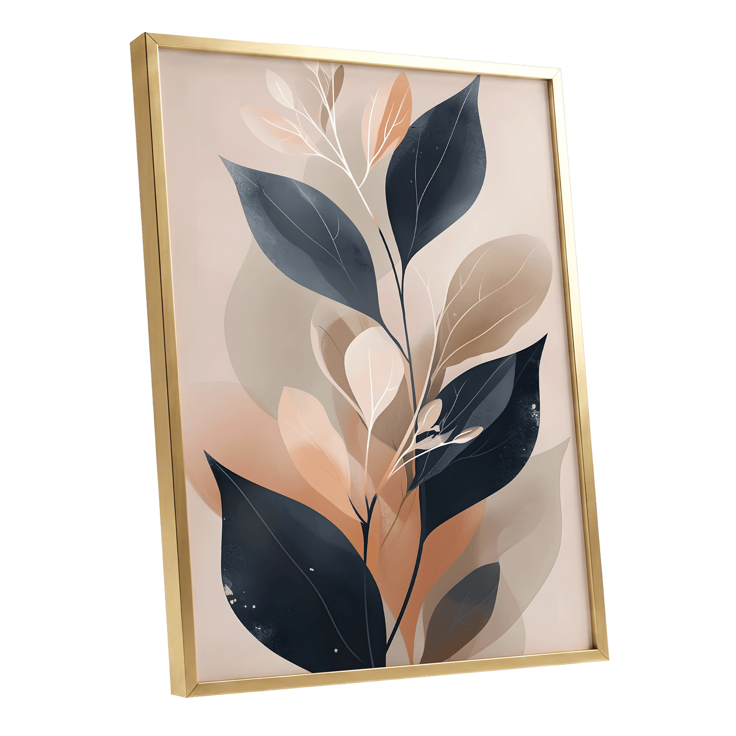 Midnight Leaf Reverie, black, beige, orange nature wall art shown as a gold framed poster wall art print