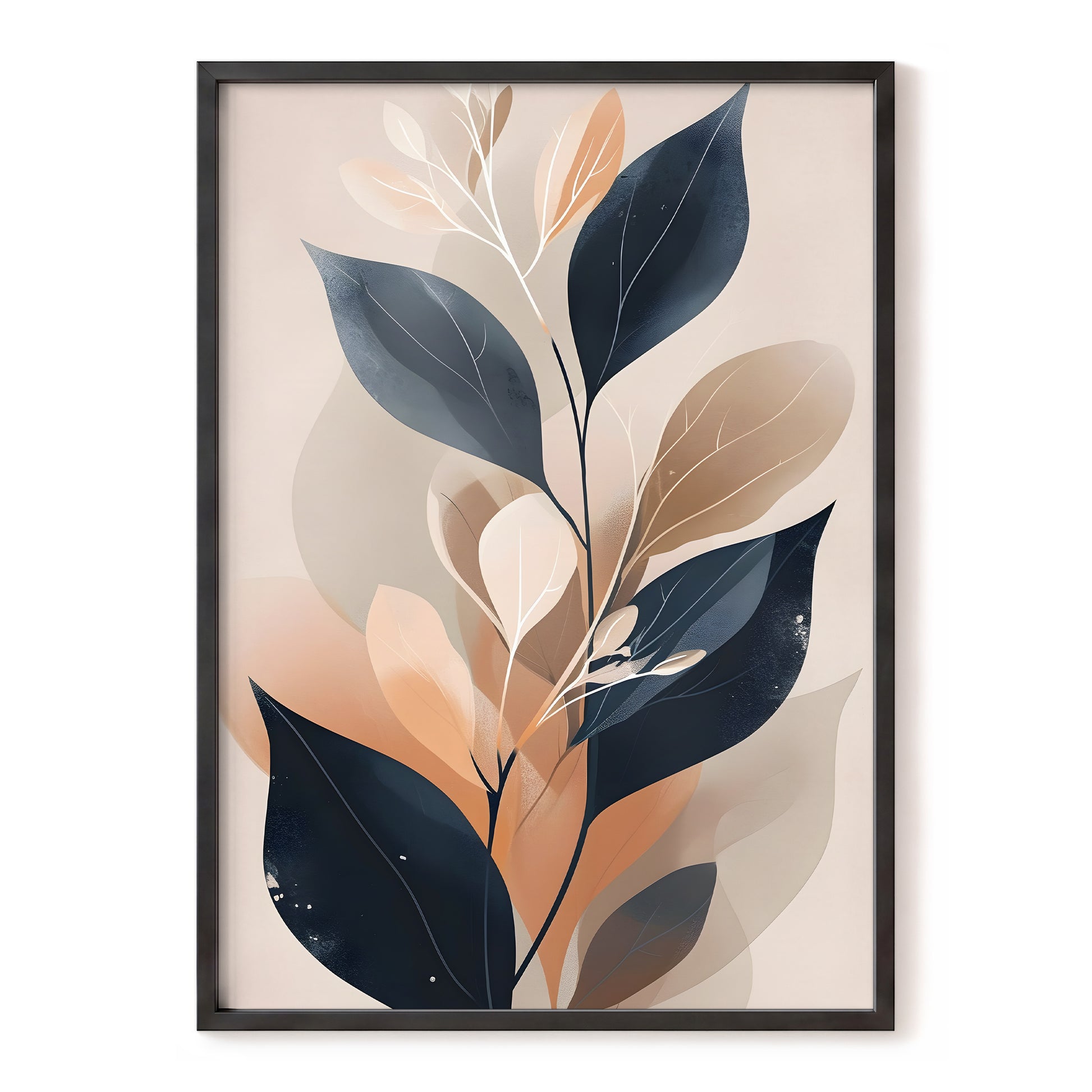 Midnight Leaf Reverie, black, beige, orange nature wall art, front artwork view