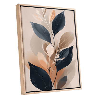 Midnight Leaf Reverie, black, beige, orange nature wall art shown as a oak framed canvas wall art