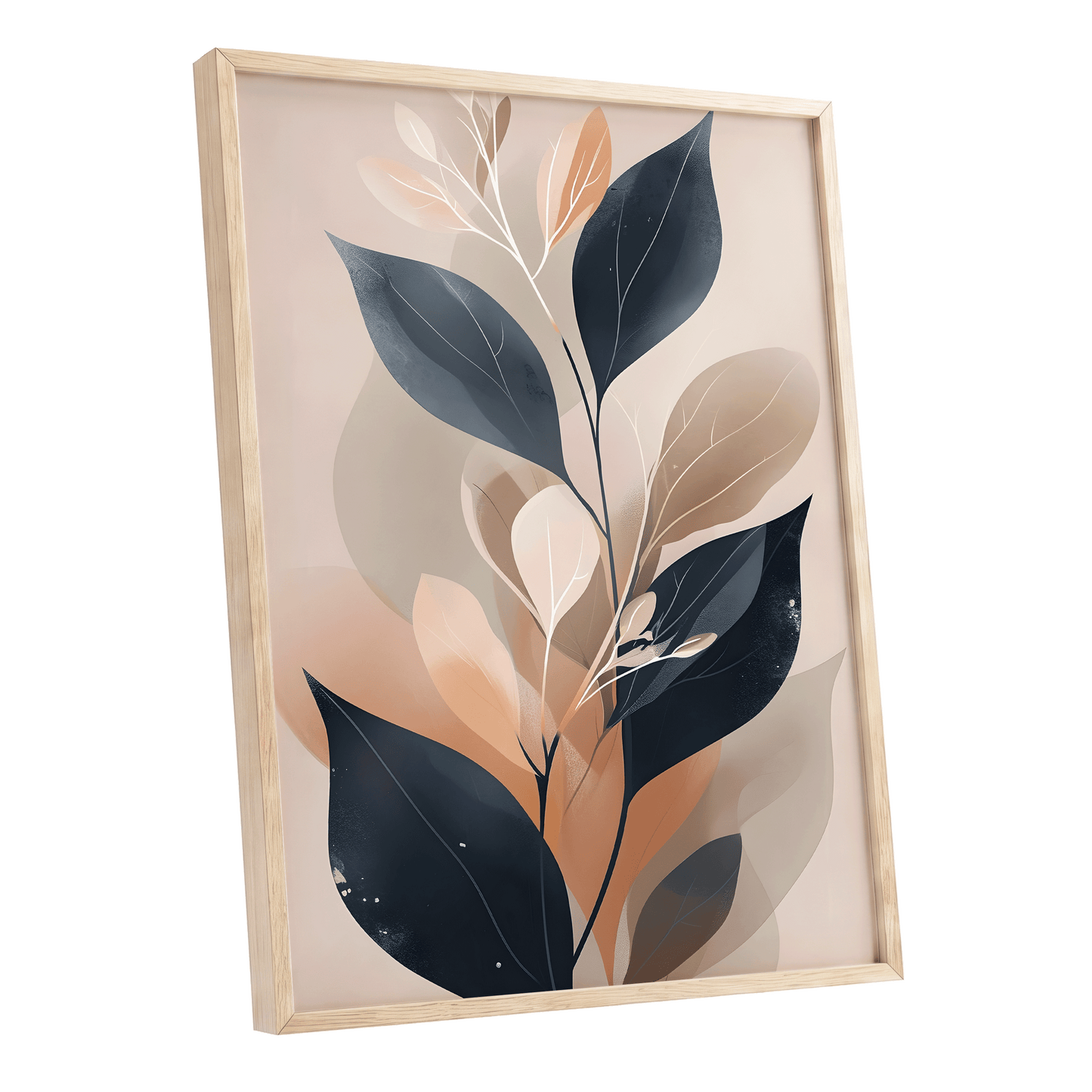 Midnight Leaf Reverie, black, beige, orange nature wall art shown as a oak framed poster wall art print