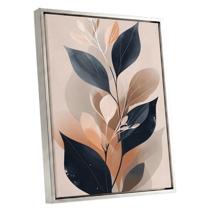 Midnight Leaf Reverie, black, beige, orange nature wall art shown as a silver framed canvas wall art