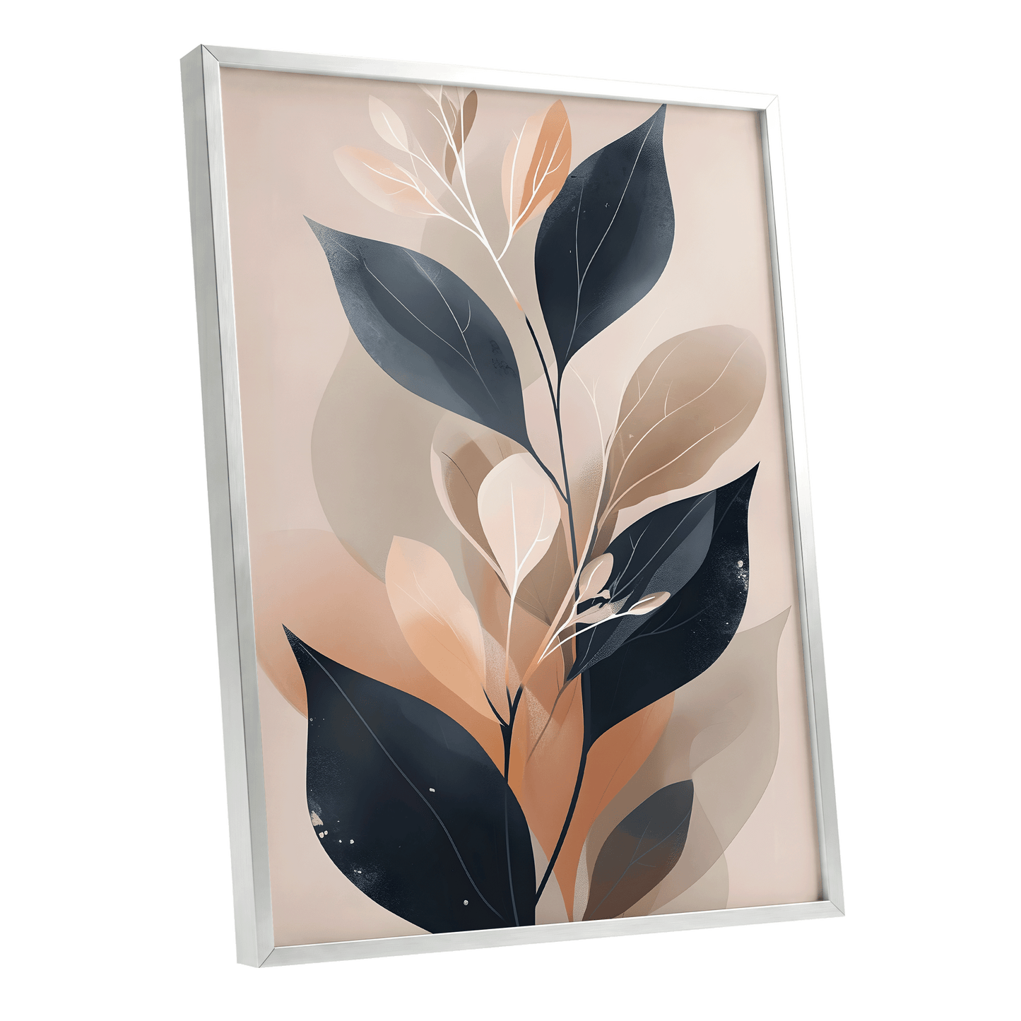 Midnight Leaf Reverie, black, beige, orange nature wall art shown as a silver framed poster wall art print