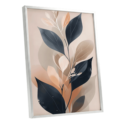 Midnight Leaf Reverie, black, beige, orange nature wall art shown as a silver framed poster wall art print