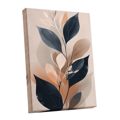 Midnight Leaf Reverie, black, beige, orange nature wall art shown as a stretched canvas wall art