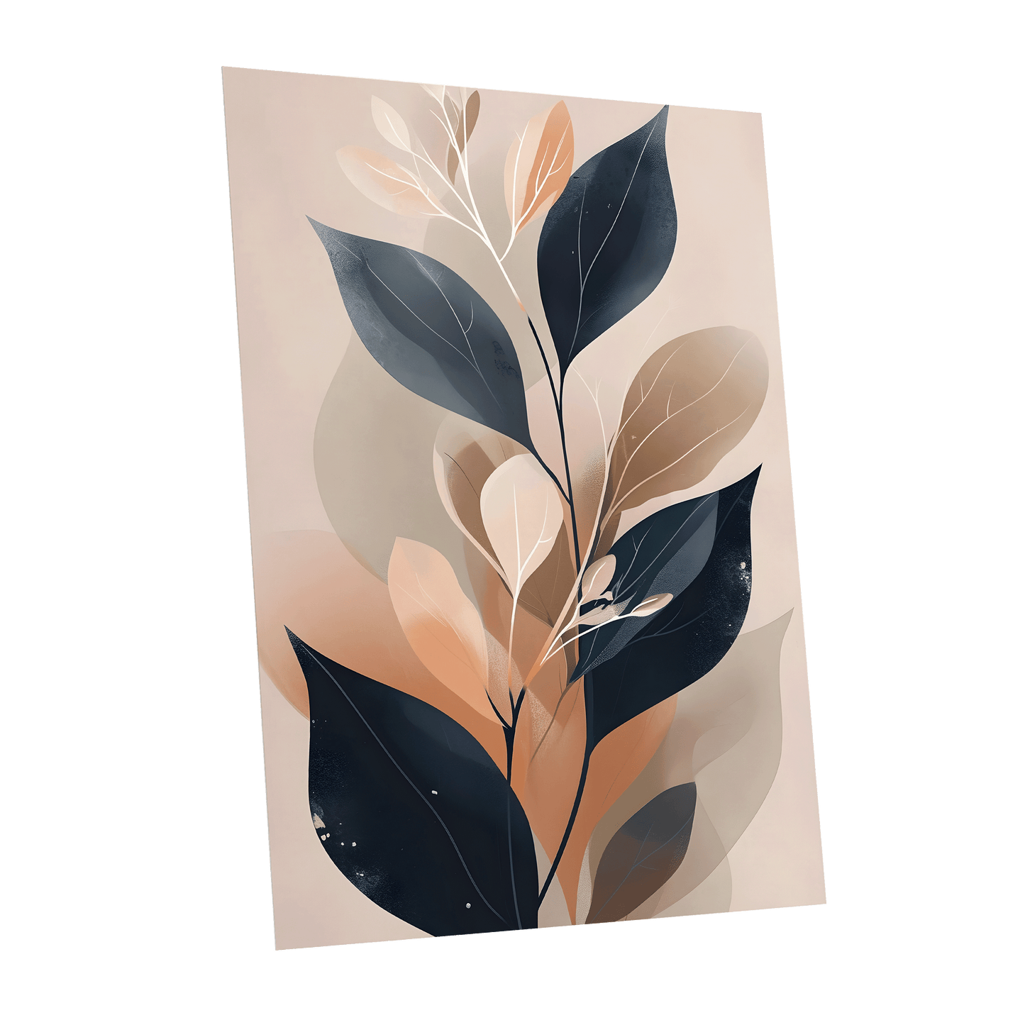 Midnight Leaf Reverie, black, beige, orange nature wall art shown as a unframed poster wall art print