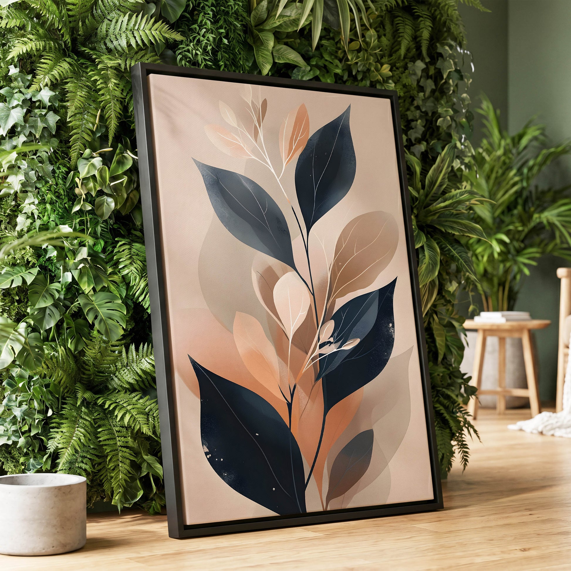 Midnight Leaf Reverie, black, beige, orange nature wall art displayed in a styled interior, gallery view 1