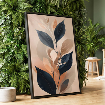 Midnight Leaf Reverie, black, beige, orange nature wall art displayed in a styled interior, gallery view 1