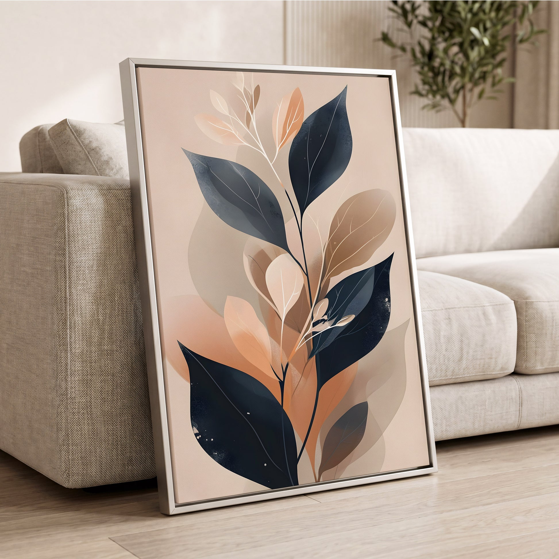 Midnight Leaf Reverie, black, beige, orange nature wall art displayed in a styled interior, gallery view 2