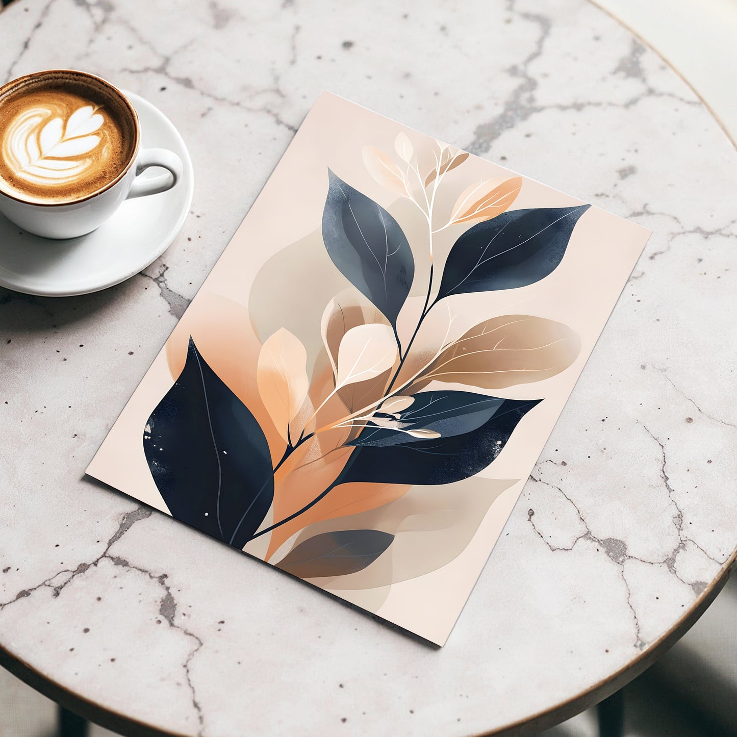 Midnight Leaf Reverie, black, beige, orange nature wall art displayed in a styled interior, gallery view 3