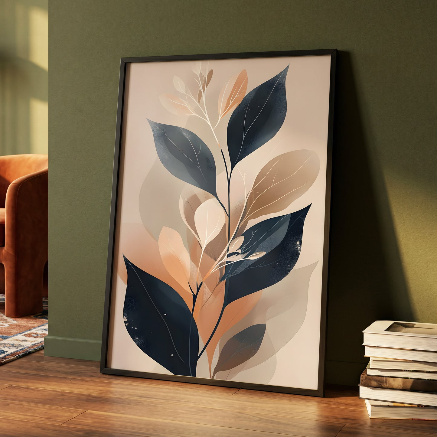 Midnight Leaf Reverie, black, beige, orange nature wall art displayed in a styled interior, gallery view 4