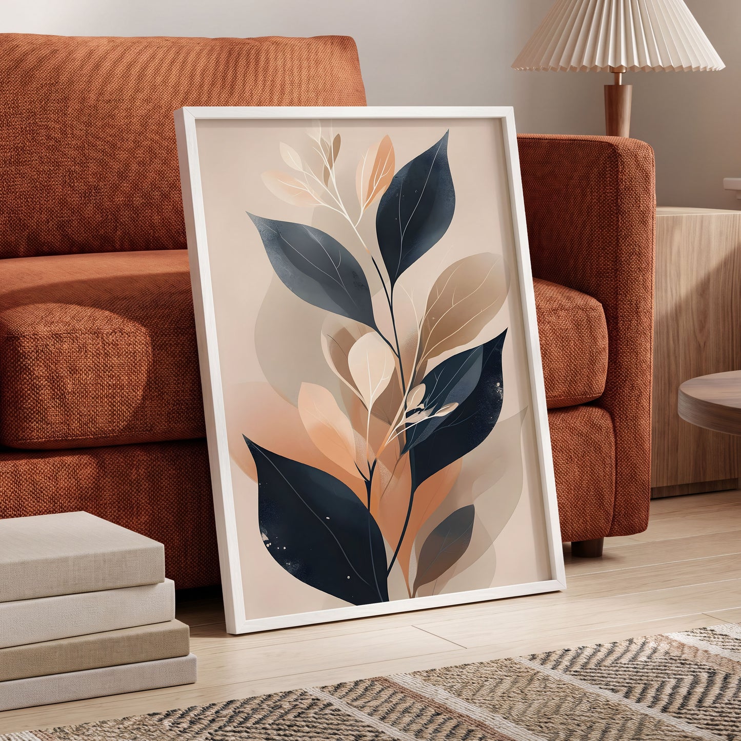 Midnight Leaf Reverie, black, beige, orange nature wall art displayed in a styled interior, gallery view 6