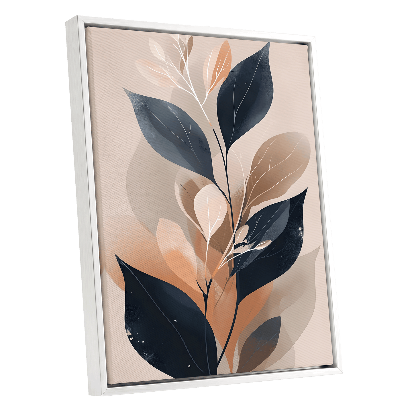 Midnight Leaf Reverie, black, beige, orange nature wall art shown as a white framed canvas wall art