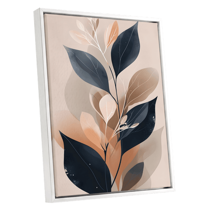 Midnight Leaf Reverie, black, beige, orange nature wall art shown as a white framed canvas wall art