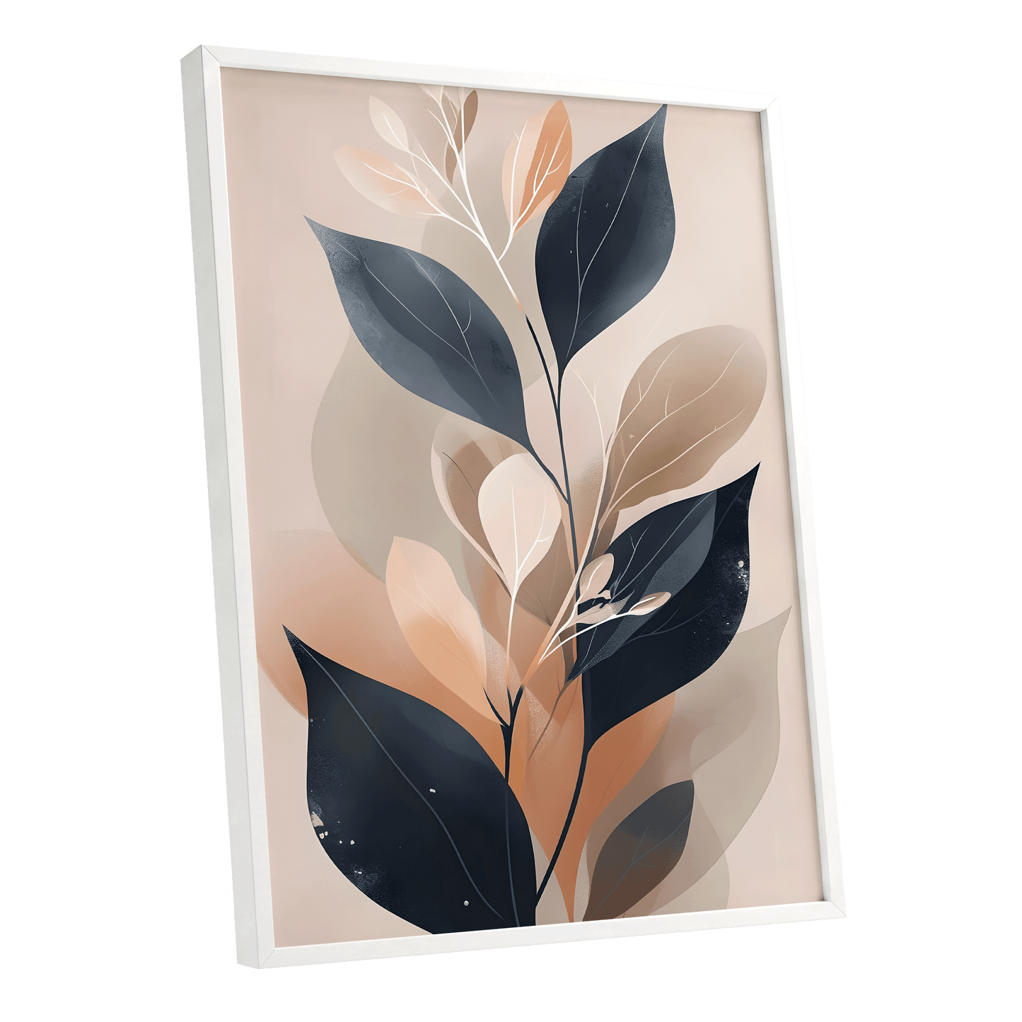 Midnight Leaf Reverie, black, beige, orange nature wall art shown as a white framed poster wall art print