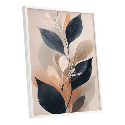 Midnight Leaf Reverie, black, beige, orange nature wall art shown as a white framed poster wall art print