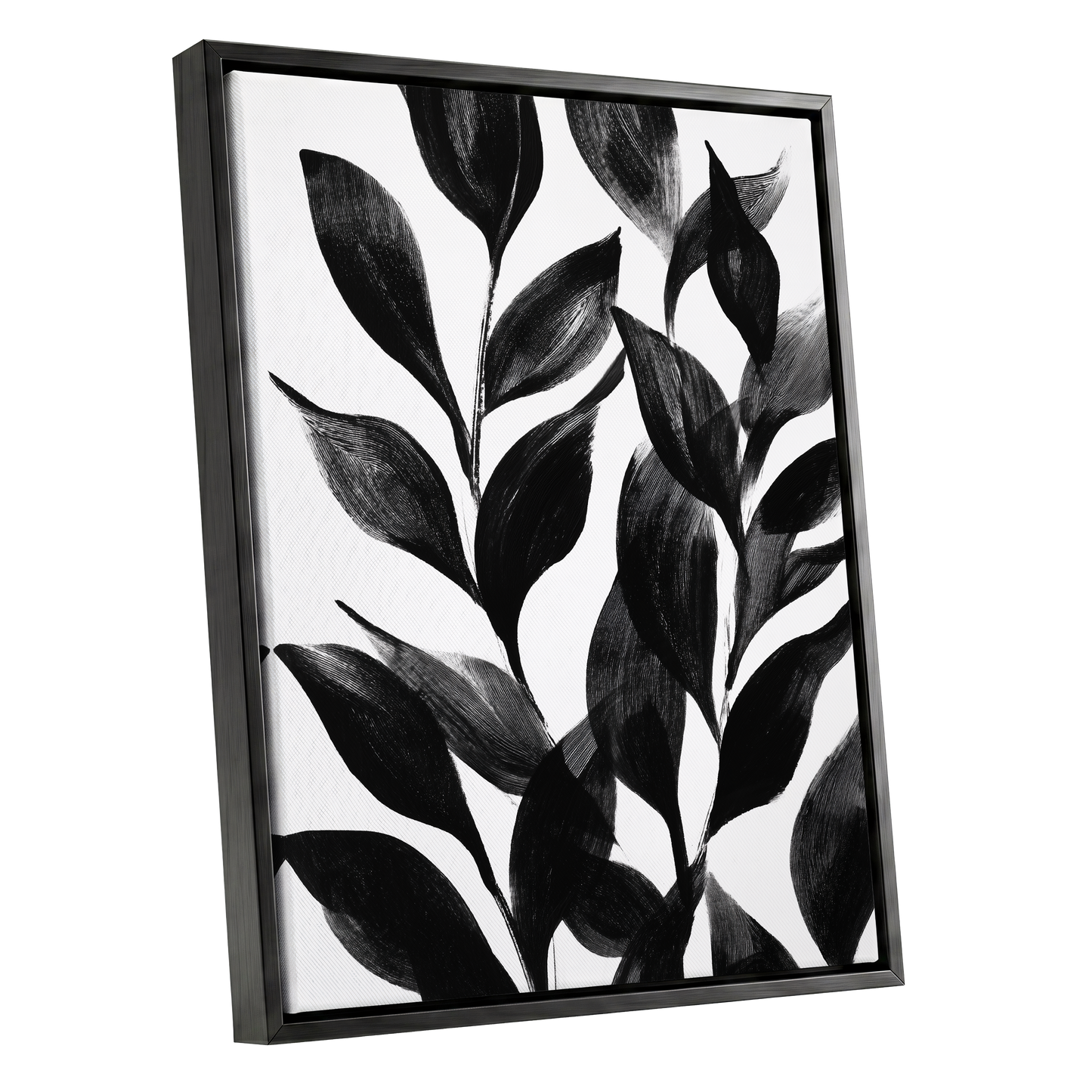 Midnight Leaf Study, black, white, gray nature wall art shown as a black framed canvas wall art