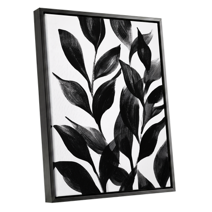 Midnight Leaf Study, black, white, gray nature wall art shown as a black framed canvas wall art